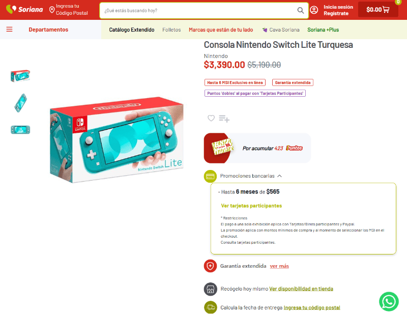 Consola Nintendo Switch Lite Turquesa, disponible en la página en línea de Soriana.  ESPECIAL / Soriana