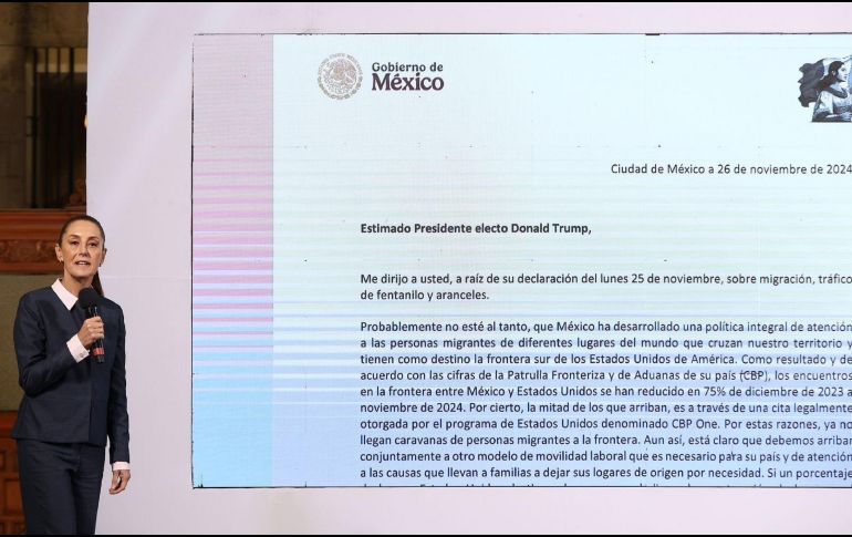 El escrito que enviará Sheinbaum a Trump, cierra mencionando que no es con amenaza ni con aranceles como se va a atender el fenómeno migratorio ni el consumo de drogas en Estados Unidos.  SUN / B. FREGOSO