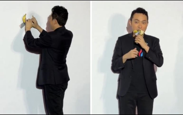Justin Sun cumplió su palabra de comer la obra de Maruzio Cattelan. ESPECIAL / X: @justinsuntron