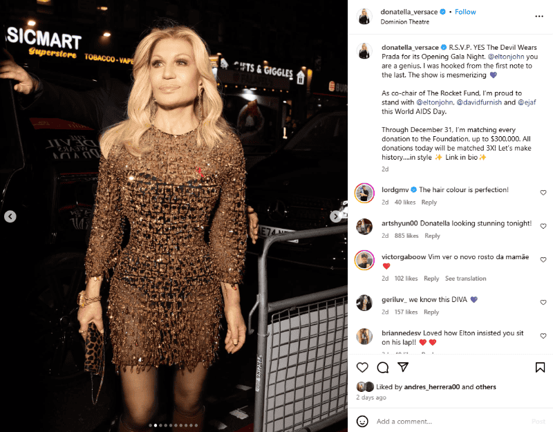 Nuevo look de la diseñadora Donatella Versace. INSTAGRAM/ @donatella_versace&nbsp;