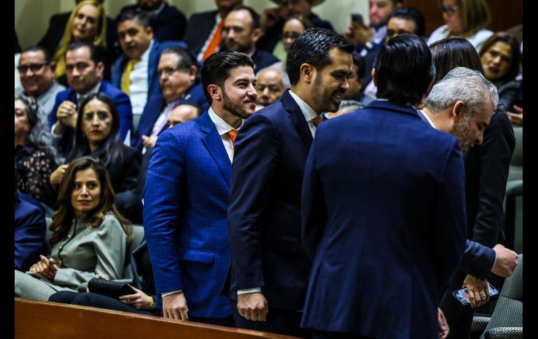 El gobernador de Nuevo León, Samuel García, y el dirigente nacional de Movimiento Ciudadano, Jorge Álvarez Máynez durante la toma de protesta de Pablo Lemus como Gobernador de Jalisco.  EL INFORMADOR/ A. Navarro.