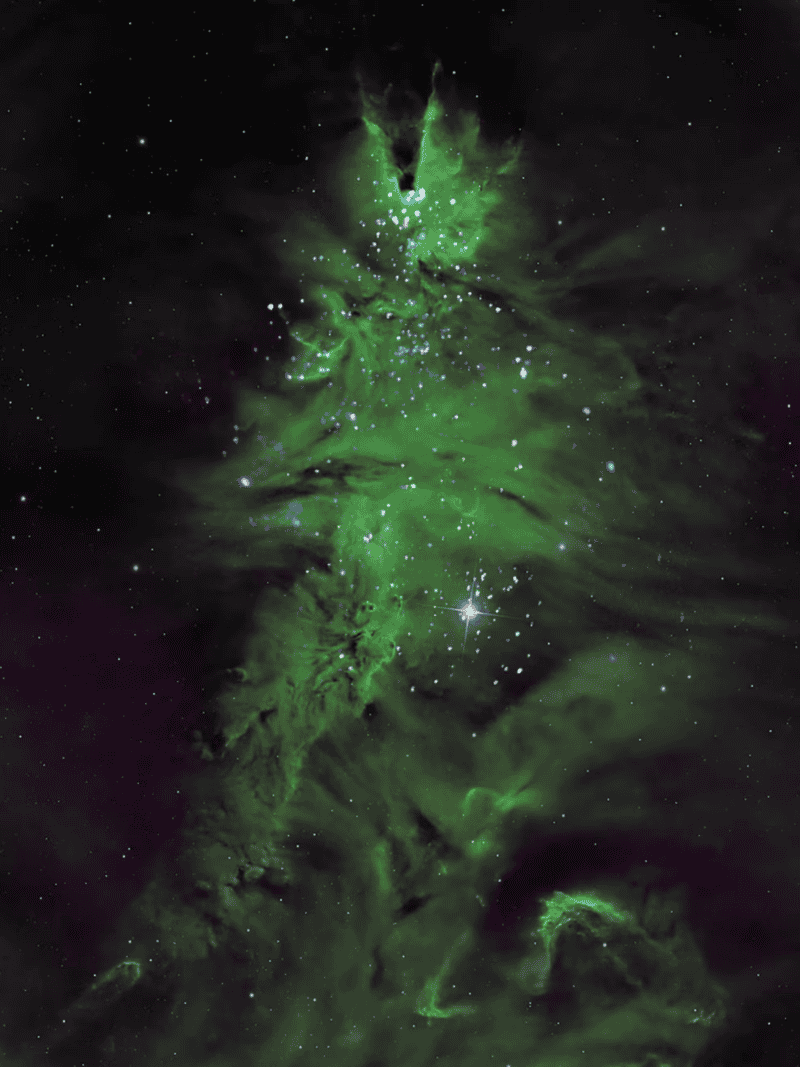 En 2024, Michael Clow aportó datos ópticos desde Arizona que muestran un cúmulo con estrellas de colores y nubes verdes en forma de árbol festivo (X-ray: NASA/CXC/SAO; Optical: Clow, M.; Image Processing: NASA/CXC/SAO/L. Frattare and K. Arcand)&nbsp;