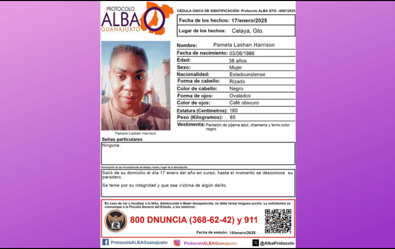 Pamela Lashan Harrison, de nacionalidad estadounidense, desapareció el 17 de enero del 2025 en la ciudad de Celaya, Guanajuato. ESPECIAL
