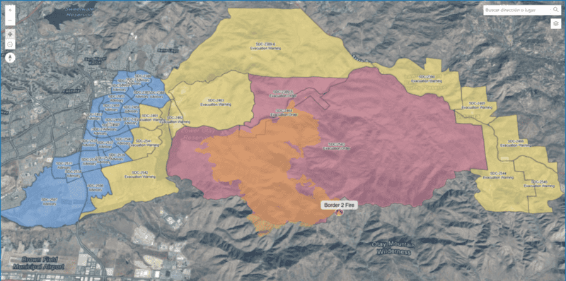 Mapa actual del incendio Border 2 (24 de enero) en el Departamento de Silvicultura y Protección contra Incendios de California  