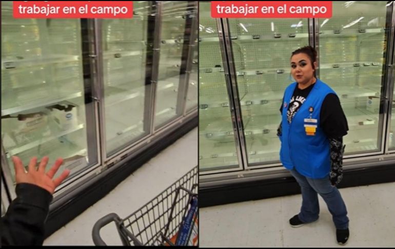 Dos de los videos más compartidos muestran estantes completamente vacíos de productos como leche, helados y frutas. TIKTOK/elpaisita.gomezz