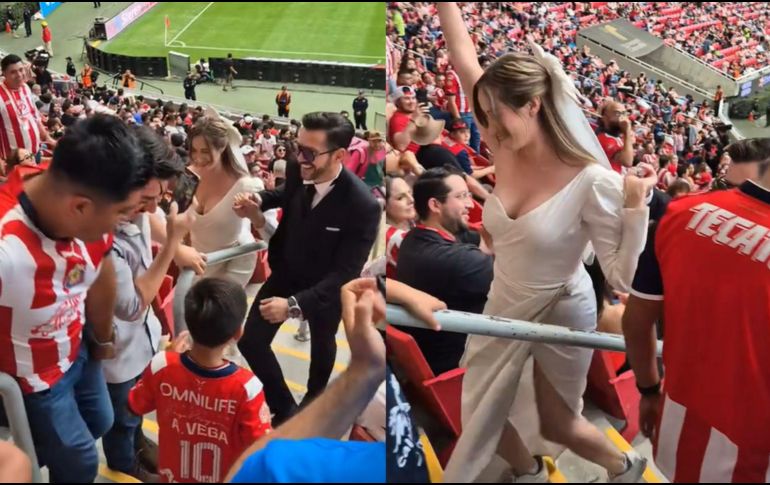 Una pareja decidió celebrar su boda en pleno estadio, rodeada de seguidores que no dudaron en aplaudir el gesto. ESPECIAL.