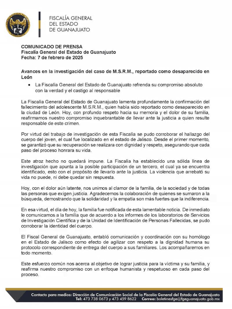 Comunicado de la FGE de Guanajuato sobre el caso del menor Santiago Mateo. X -TWITTER-/ Fiscalía General del Estado de Guanajuato&nbsp;