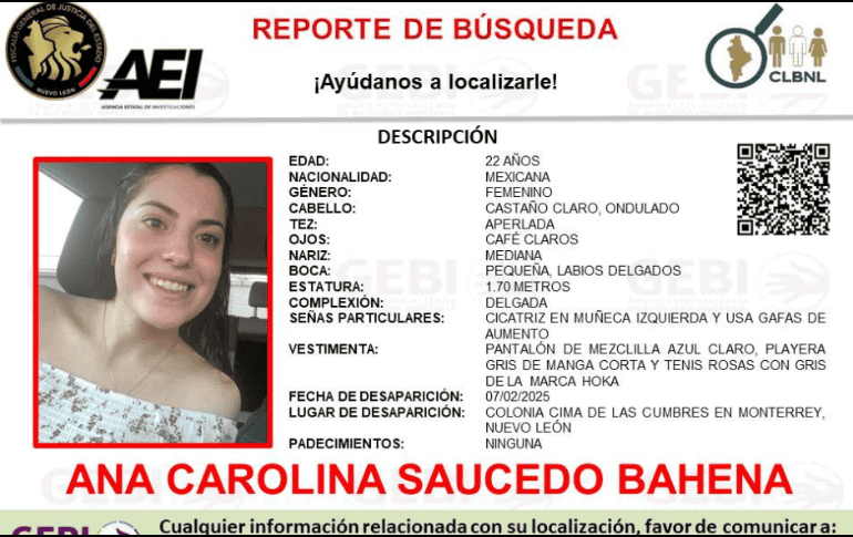 De acuerdo con familiares de la joven, el pasado viernes 7 de febrero la dejaron en las puertas de  la Universidad del Valle de México, campus Cumbres, en la colonia Cima de las Cumbres,sin embargo, Ana Carolina no entró al inmueble, por lo que se desconoce qué sucedió después. CORTESÍA.