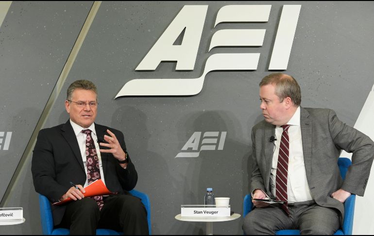 Maros Sefcovic, comisario europeo de Comercio en el American Enterprise Institute. EFE/ L. Nolly