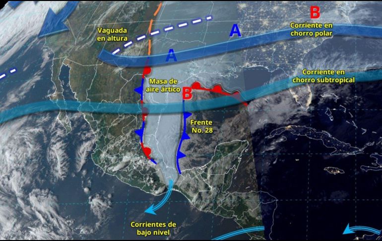 El frente 28 en interacción con un canal de baja presión sobre el sureste mexicano y el ingreso de humedad del mar Caribe, ocasionarán lluvias puntuales muy fuertes. X/ @conagua_clima.