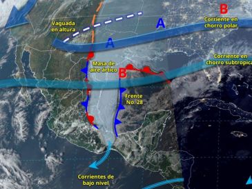 El frente 28 en interacción con un canal de baja presión sobre el sureste mexicano y el ingreso de humedad del mar Caribe, ocasionarán lluvias puntuales muy fuertes. X/ @conagua_clima.