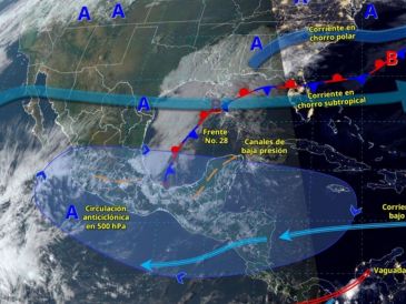 Se anticipa que el frente frío No. 28 se moverá hacia el sureste de México y la Península de Yucatán, donde interactuará con la humedad tanto del mar Caribe como del océano Pacífico. X/ @conagua_clima.