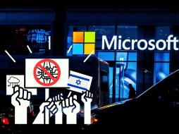 Trabajadores de Microsoft protestan por venta de servicios de IA y nube al ejército israelí. AFP/J. Moon/CANVA.