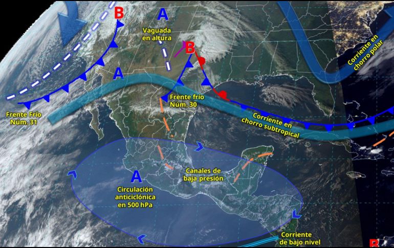 Canales de baja presión en combinación con inestabilidad en niveles medios y altos de la atmósfera tendrán efecto en el país esta semana. ESPECIAL/ Servicio Meteorológico Nacional.