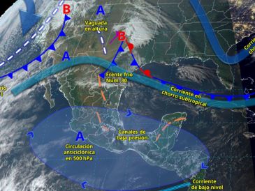 Canales de baja presión en combinación con inestabilidad en niveles medios y altos de la atmósfera tendrán efecto en el país esta semana. ESPECIAL/ Servicio Meteorológico Nacional.