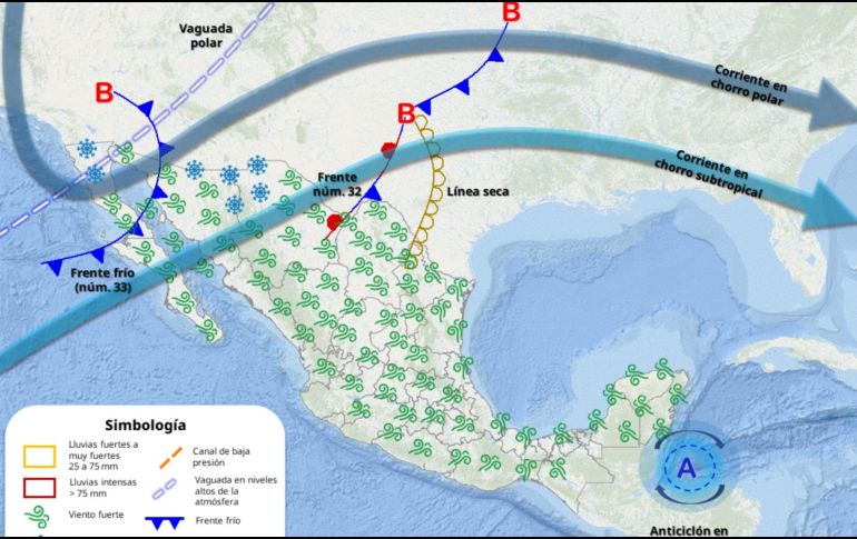Se prevén vientos fuertes a intensos y un notable descenso en las temperaturas en las regiones afectadas. X/ Conagua.