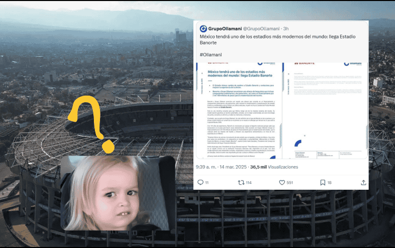 Después del anuncio del cambio de nombre del emblemático Estadio Azteca, usuarios de X se burlaron de la decisión a través de memes. ESPECIAL / X / @GrupoOllamani / CANVA