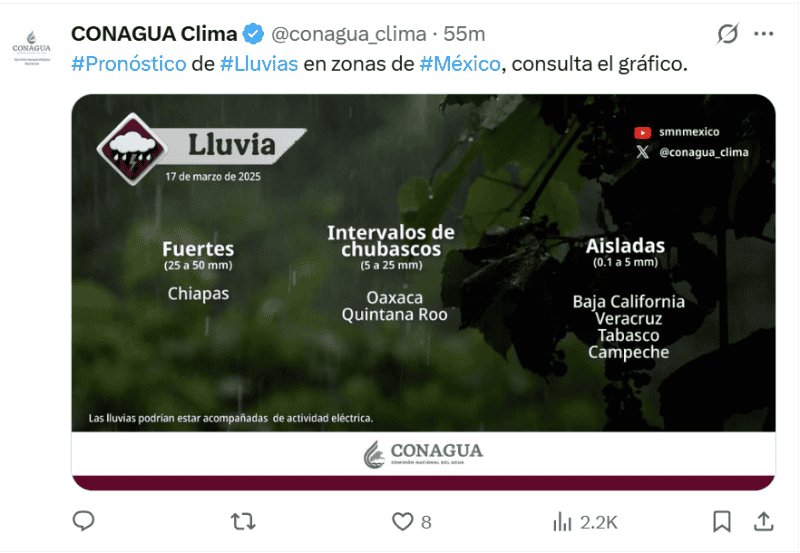 Se prevén chubascos y lluvias para algunos estados del sur de México ocasionados por el evento del 