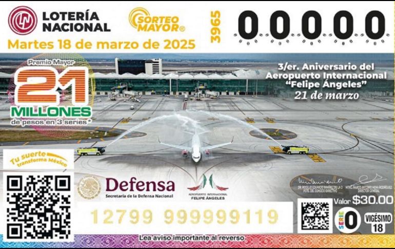 El billete del Sorteo Mayor 3965 celebró el tercer aniversario del AIFA. X/lotenal