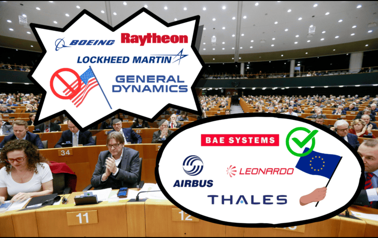 La UE quiere reducir su dependencia de seguridad de EEUU y comprar más armas europeas. EFE/S. Lecocq/CANVA.