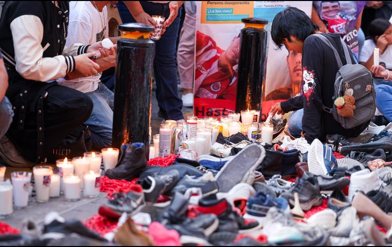 Imagen de la protesta Nunca Más Teuchitlán efectuada a las afueras del Palacio de Gobierno de Jalisco el pasado 15 de marzo. EL INFORMADOR/H. FIGUEROA