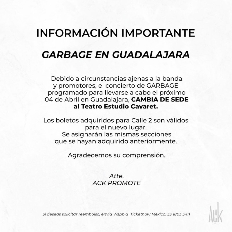 Los boletos adquiridos para la presentación en Calle 2 seguirán siendo válidos en la nueva sede. ESPECIAL