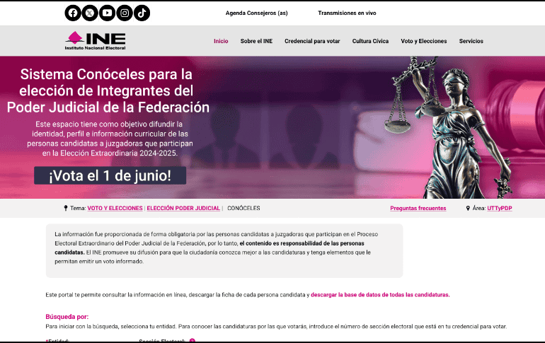 A través del portal, cada aspirante cuenta con una ficha que contiene: nombre completo, fotografía, postulación, datos generales, de contacto entre otros datos importantes. https://candidaturaspoderjudicial.ine.mx/