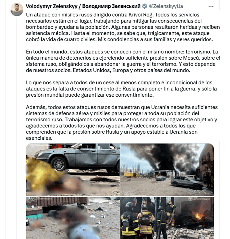 Captura de publicación en X con traducción automática de Google. X/@ZelenskyyUa&nbsp;