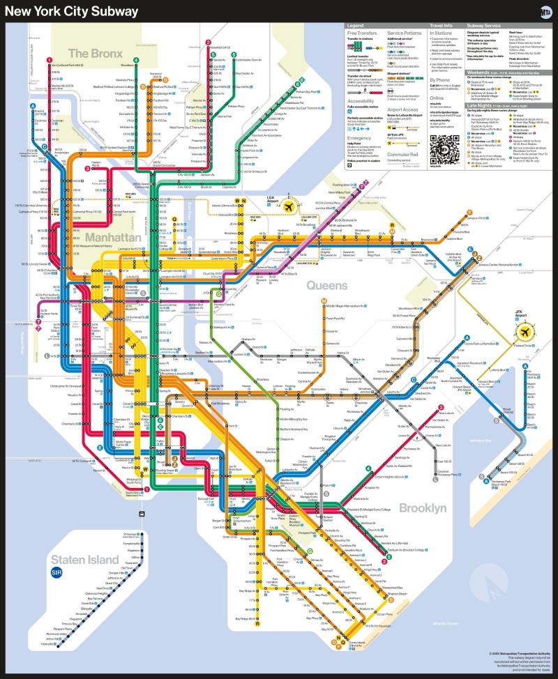 Imagen cedida por la Autoridad Metropolitana de Transporte (MTA) de Nueva York donde se muestra un mapa del diagrama del metro de Nueva York durante el servicio típico entre semana. EFE
