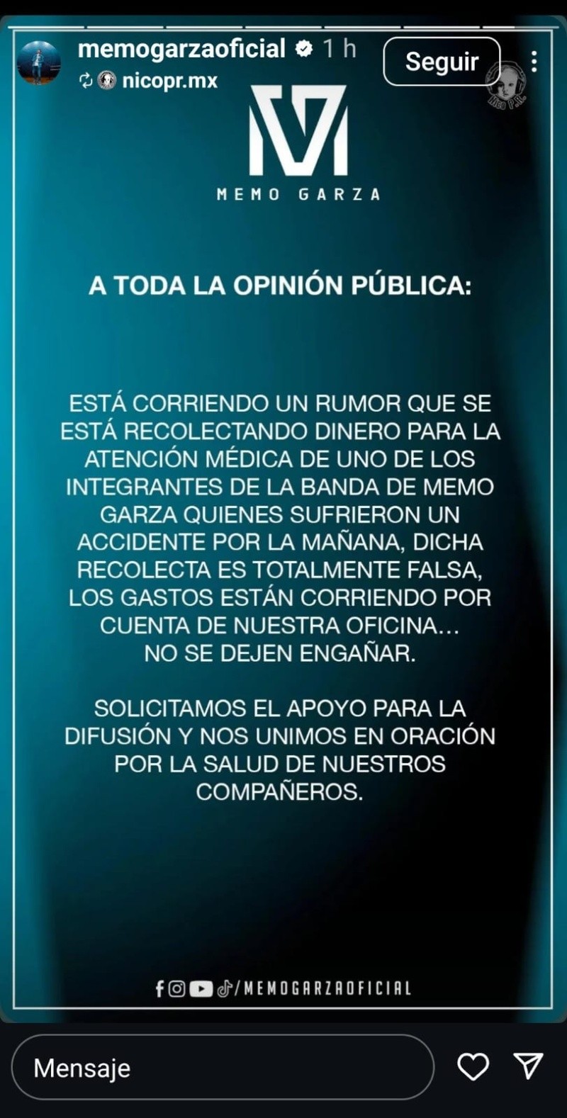 Historias de Memo Garza. Instagram: @memogarzaoficial