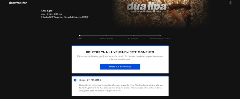  Página oficial de Ticketmaster para la fila virtual de la tercera fecha de Dua lipa en México. Ticketmaster