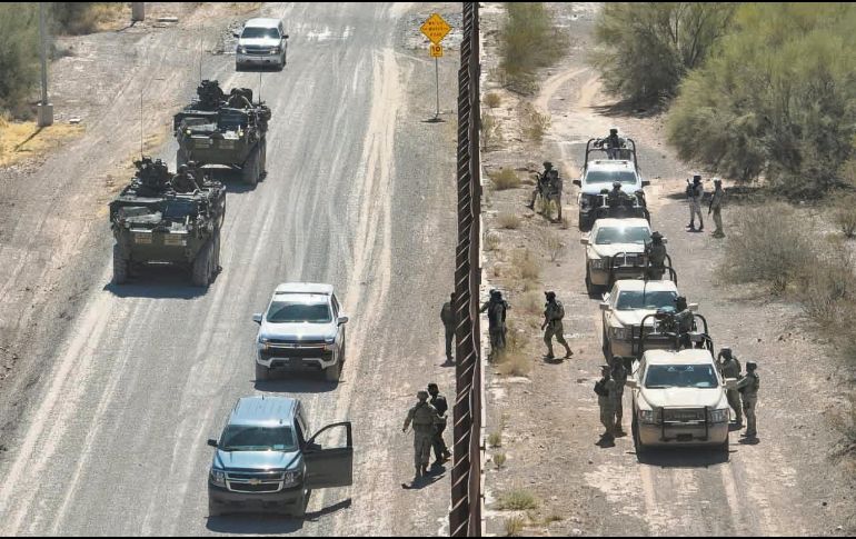Elementos de la Fuerza Operativa Conjunta de la Frontera Sur y fuerzas mexicanas, durante un patrullaje “espejo” en la frontera norte de México. ESPECIAL