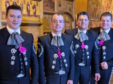 Durante la conferencia de prensa estuvieron presentes Daniel Arellano, Agustin Sandoval y Andres González, integrantes del Mariachi Vargas de Tecalitlán, además del director Carlos Martínez. EL INFORMADOR / F. Salcedo