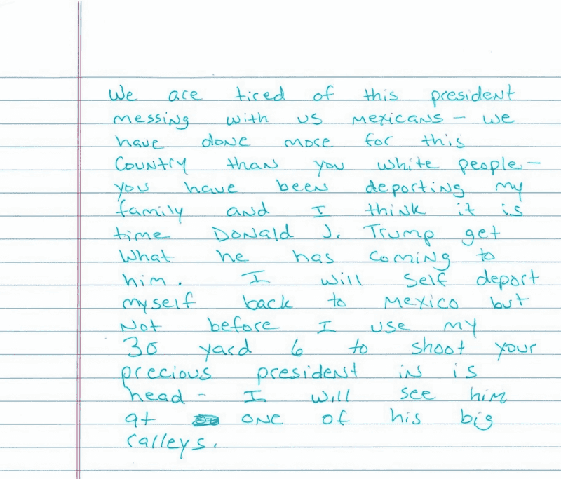 Carta que escribió el inmigrante mexicano Ramón Morales Reyes donde amenaza con asesinar al presidente de Estados Unidos, Donald Trump. EFE/ Departamento de Seguridad Nacional (DHS).