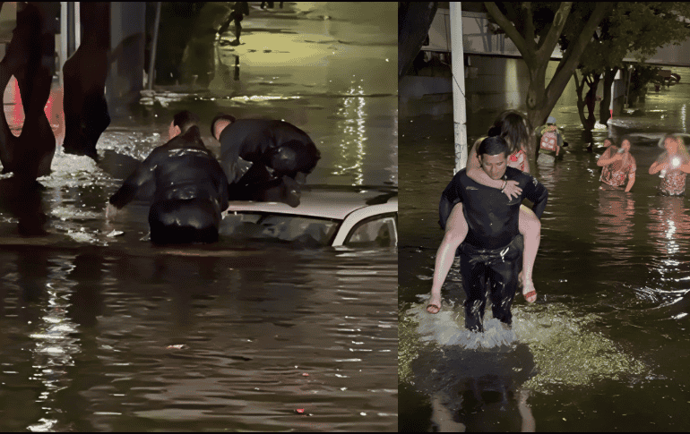 Los oficiales María Fernanda Cervantes y Armando Echeverría ingresaron al agua y cargaron a las personas por la inundación hasta ponerlas a salvo. ESPECIAL/Policía de Guadalajara