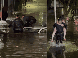 Los oficiales María Fernanda Cervantes y Armando Echeverría ingresaron al agua y cargaron a las personas por la inundación hasta ponerlas a salvo. ESPECIAL/Policía de Guadalajara