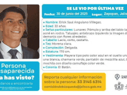 Para reportar información sobre el paradero de Erick se puede llamar al número 33 3145 6314. CORTESÍA