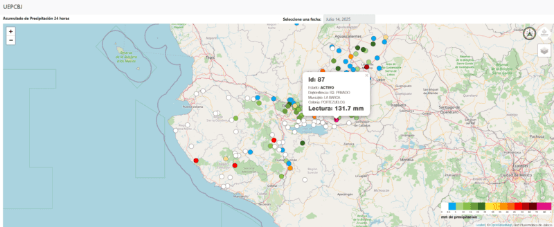 Este es el monitoreo actualizado de la Red Pluviométrica de ayer lunes 14 de julio. ESPECIAL / UEPCBJ&nbsp;
