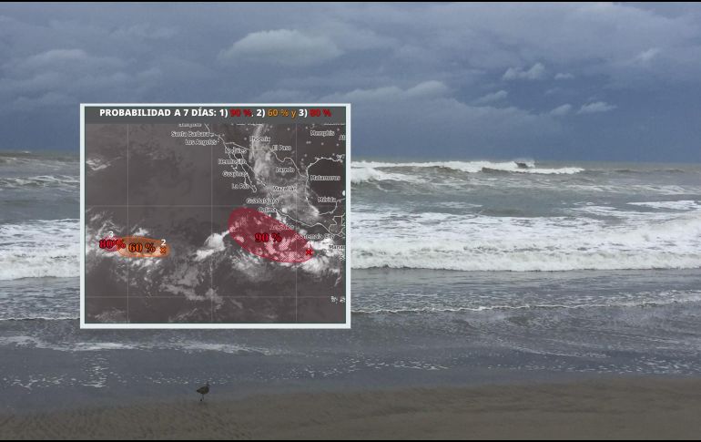 Una de estas zonas de baja presión se localiza a 630 km al sur de Puerto Ángel, Oaxaca, y tiene una probabilidad de desarrollo ciclónico a un 40% en 48 horas y 90% en siete días. ESPECIAL / NTX y SMN