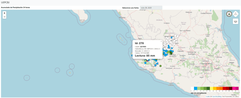 &nbsp;Red pluviométrica para el lunes 28 de julio. ESPECIAL / UEPCBJ