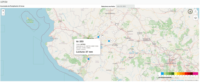 &nbsp;Red pluviométrica para el martes 29 de julio a las 08:00 horas. ESPECIAL / UEPCBJ