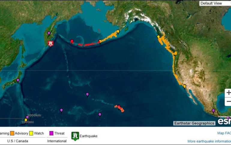 Imagen cedida por el Servicio Meteorológico Nacional (NOAA) de los Estados Unidos y su Sistema de Alerta de Tsunamis que muestra el punto origen del terremoto de magnitud 8,8 este martes, en la península rusa de Kamchatka (Rusia) y las posibles áreas de impacto de tsunami. EFE/ NOAA