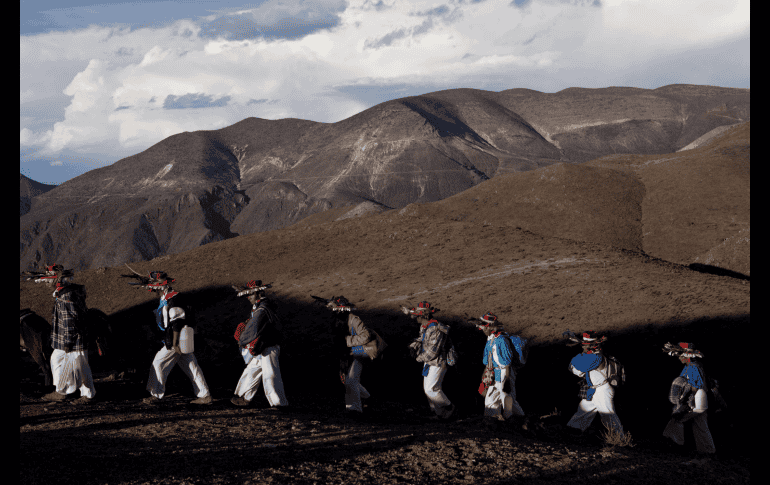 Un grupo de wixaritari caminan la ruta de Wirikuta, durante la peregrinación anual.