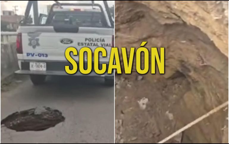 El hoyanco aparenta ser de varios metros de profundidad y mucho más ancho de lo que aparenta la superficie. ESPECIAL / Policía Vial Jalisco
