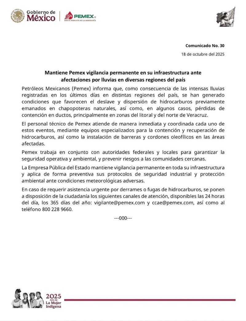 Por medio de un comunicado, la empresa detalló que trabaja en coordinación con autoridades federales y locales para poder garantizar la seguridad operativa y del medio ambiente. ESPECIAL/Pemex