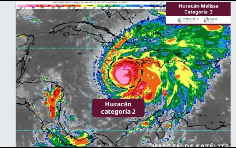 Melissa podría descargar un total de 38 a 63 centímetros de lluvia (15 a 25 pulgadas) en partes del sur de la Española y Jamaica en los próximos días. ESPECIAL/X/ @conagua_clima