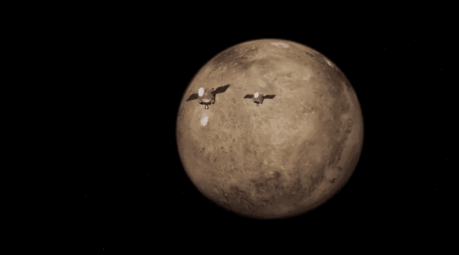 Una Ilustracion estilizada muestra a los satélites gemelos ESCAPADE entrando en la orbita de Marte. James Rattray/Rocket Lab USA