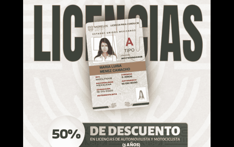En el Estado de Morelos puedes sacar tu licencia de conducir permanente con un jugoso descuento de 50%. FACEBOOK / GOBIERNO DEL ESTADO DE MORELOS