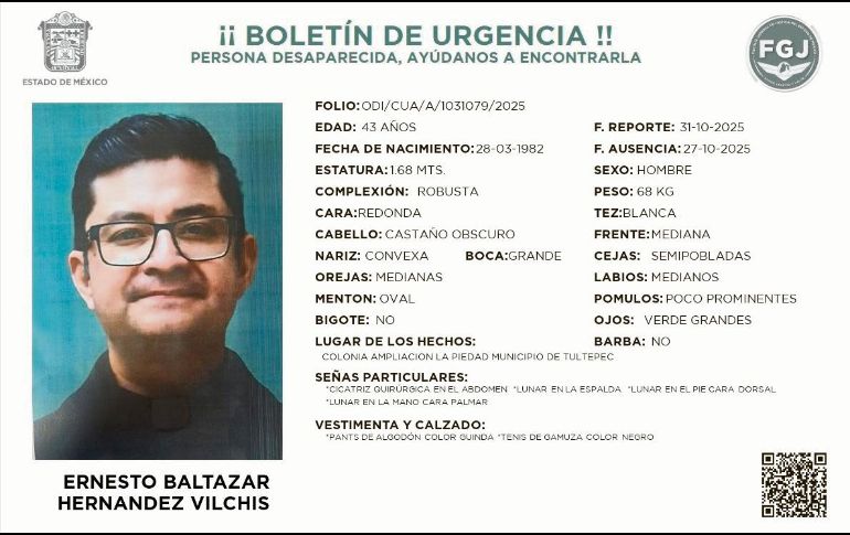 El sacerdote Ernesto Baltazar Hernández había sido reportado como desaparecido desde el 31 de octubre. Su cuerpo fue hallado el martes. ESPECIAL