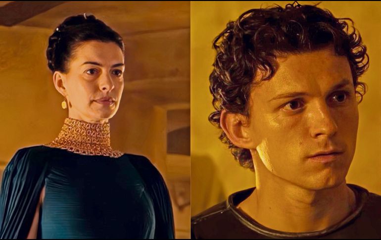 Anne Hathaway y Tom Holland, caracterizados como Penélope y Telémaco. ESPECIAL
